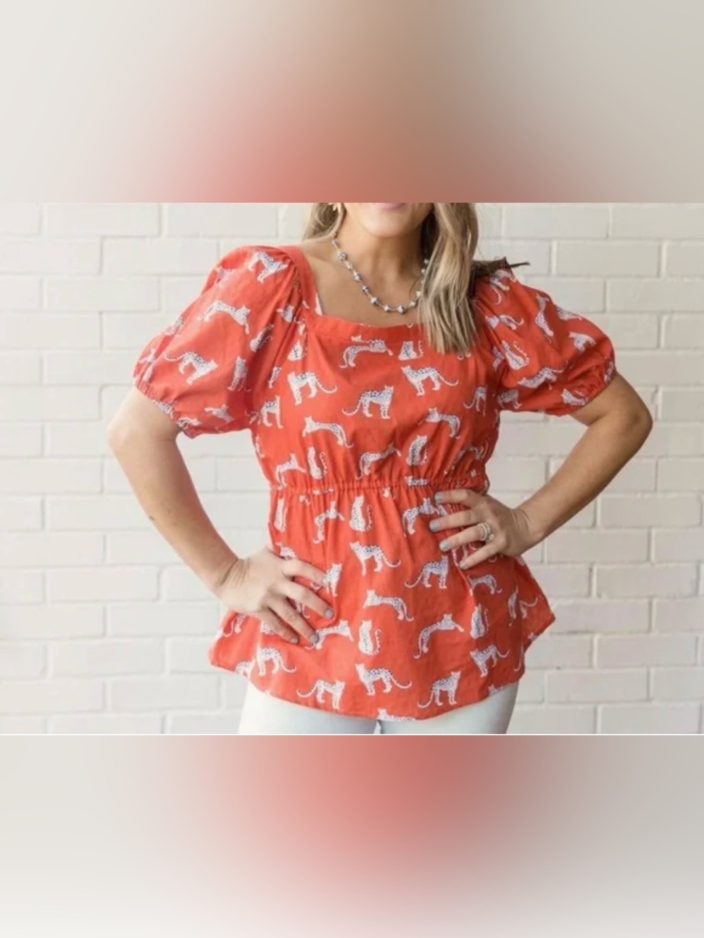 Michelle McDowell Orange Blue White Cheetah 🐆 Print Puff Sleeve Top Small